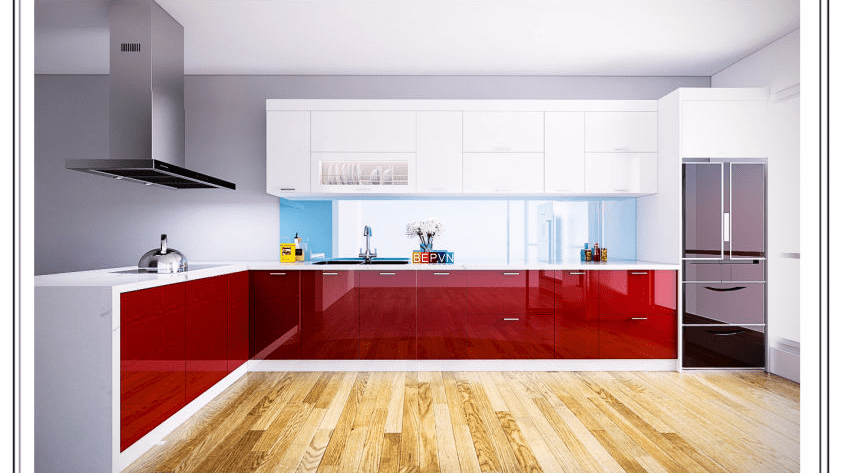 Tủ bếp Acrylic chữ L màu đỏ nổi bật thu hút của gia đình chú Nội.