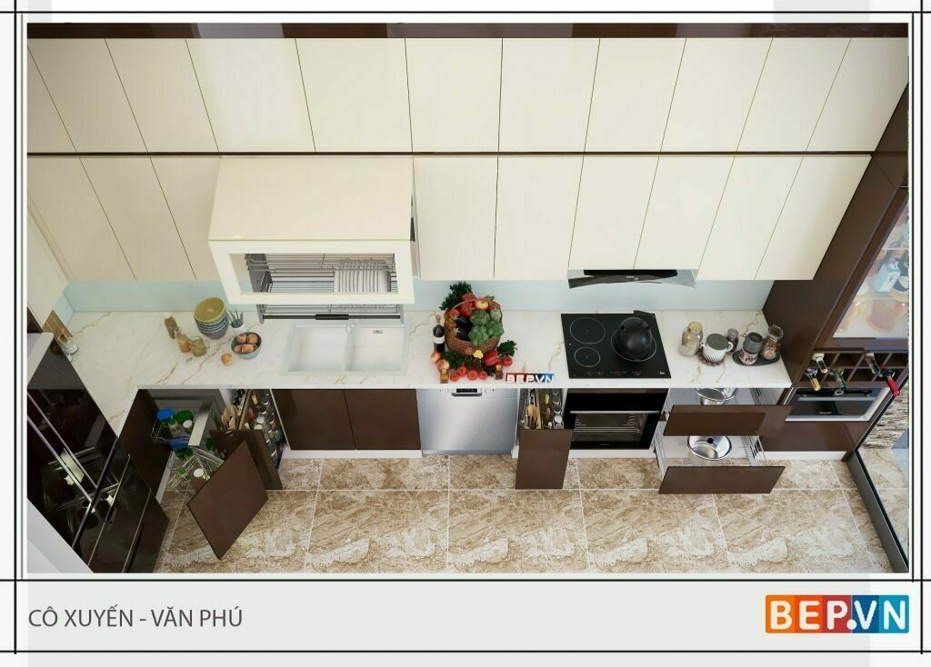 Thiết kế tủ bếp Acrylic bóng gương giúp không gian có chiều sâu hơn