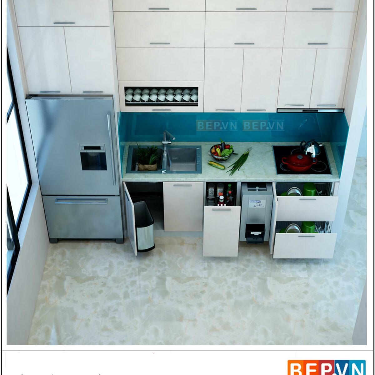 Tủ bếp Acrylic chữ i gia đình anh Tùng