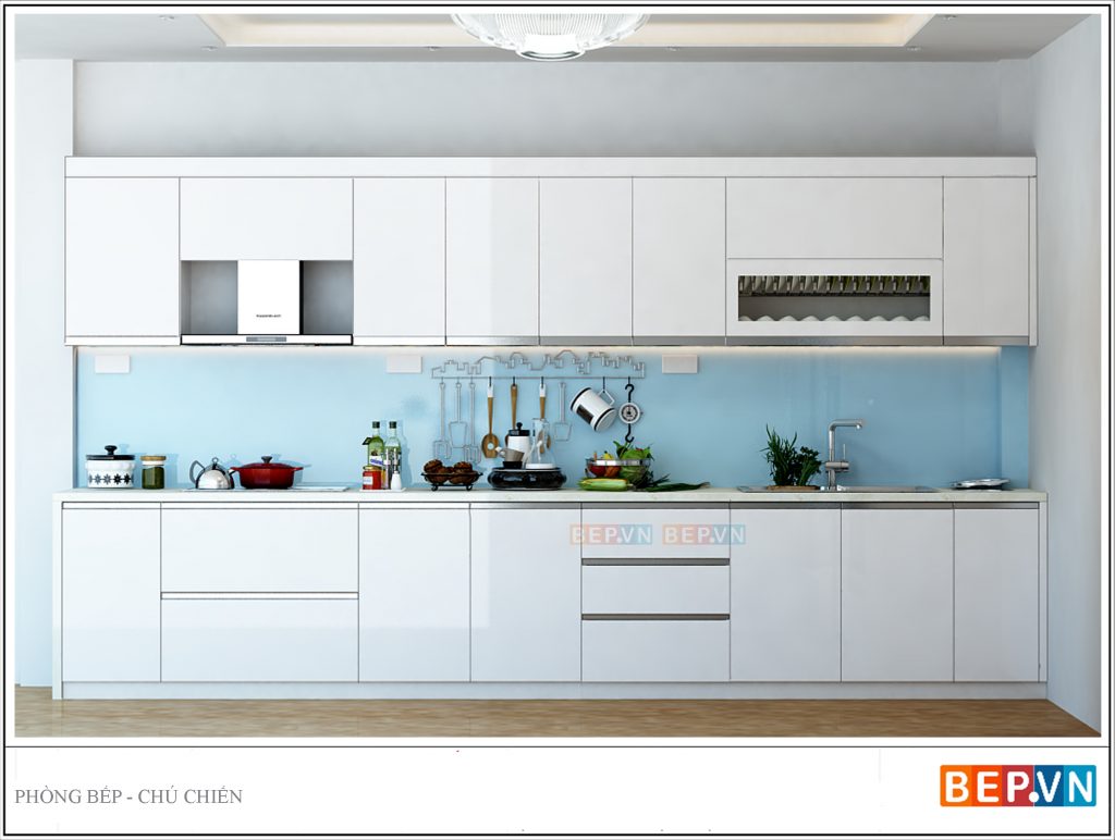 Thiết kế tủ bếp Acrylic chữ I gia đình chú Chiến.