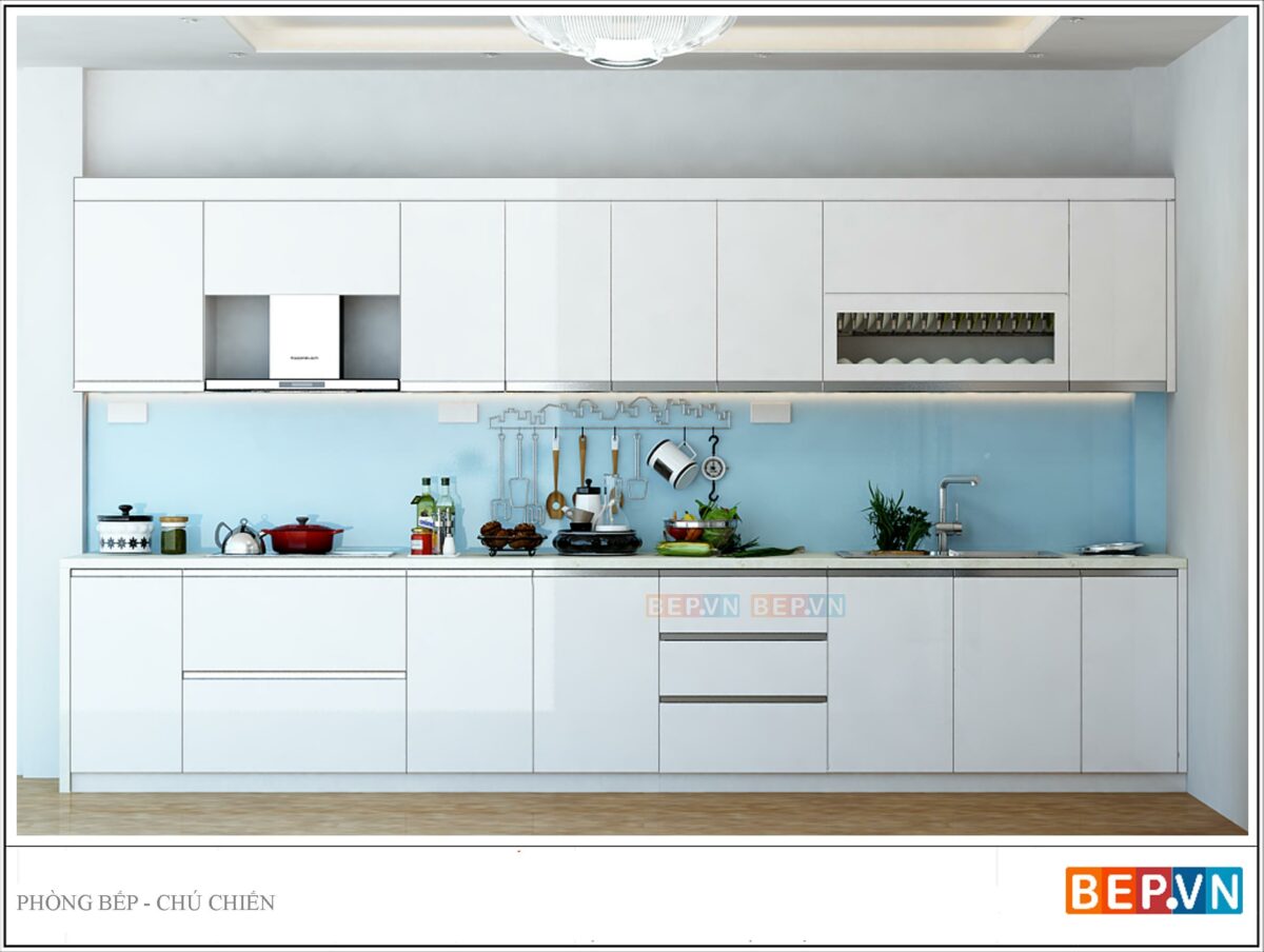 Tủ bếp Acrylic thẳng gia đình chú Chiến