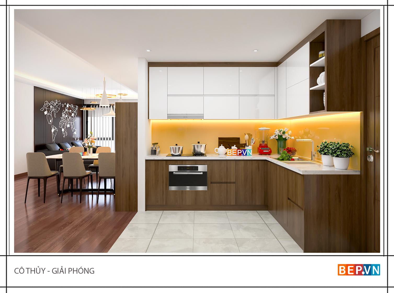 Tủ bếp Acrylic và Laminate chữ L hiện đại gia đình cô Thủy.