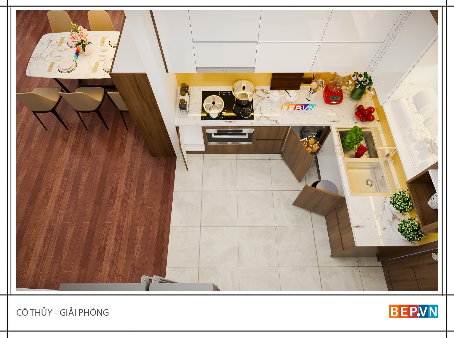 Thiết kế tủ bếp Acrylic và Laminate theo chữ L gia đình cô Thủy sử dụng màu sắc rất hài hòa nhã nhặn khiến căn bếp không chỉ sang trọng mà còn vô cùng thanh lịch.
