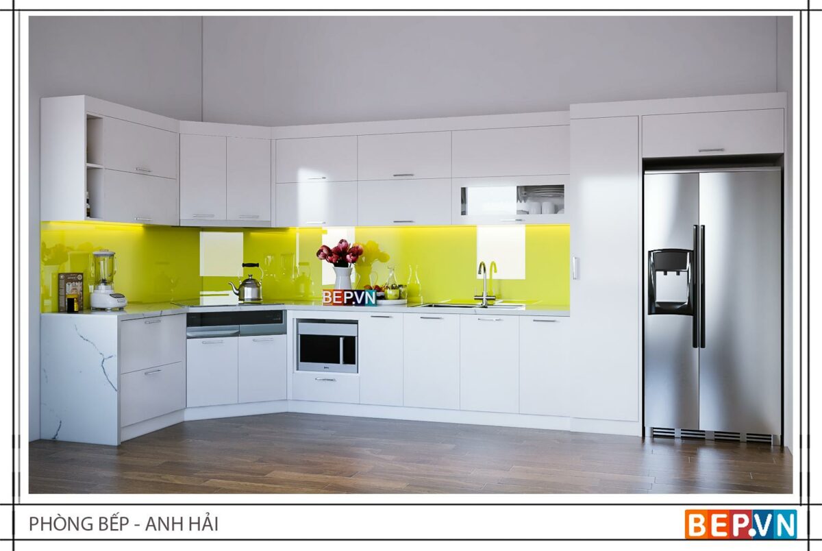 Tủ bếp Acrylic chữ L gia đình anh Hải - Ảnh 2