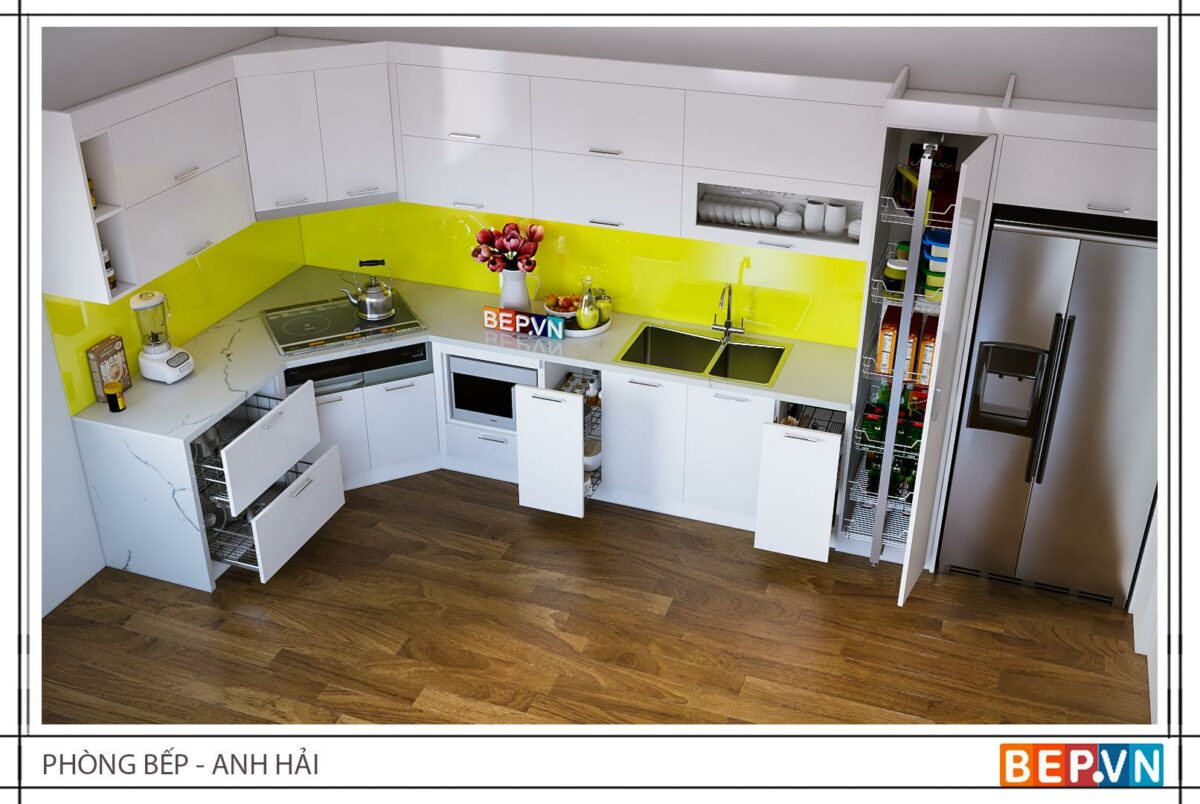 Tủ bếp Acrylic chữ L gia đình anh Hải - Ảnh 3