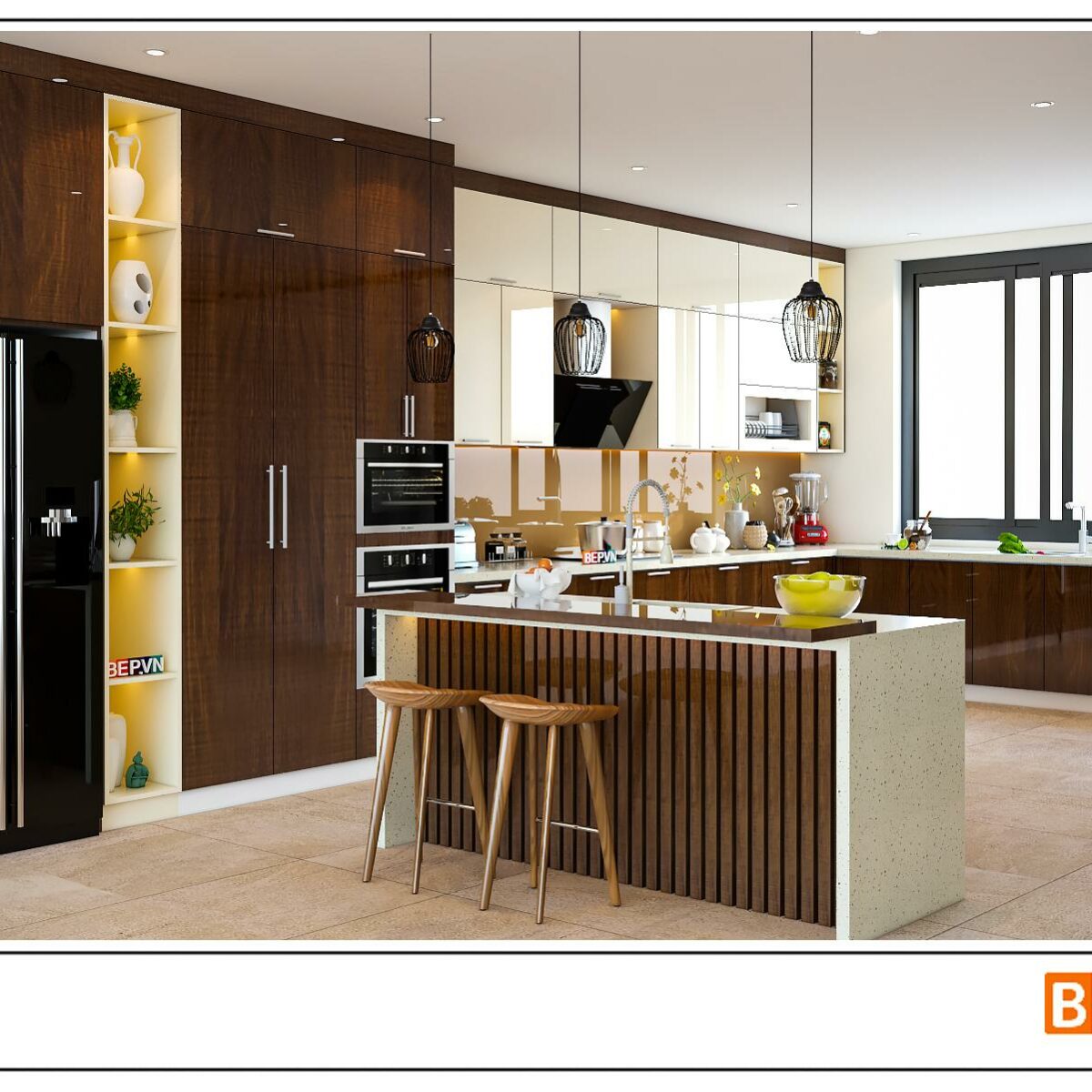 Tủ bếp Acrylic có bàn đảo gia đình anh Huynh