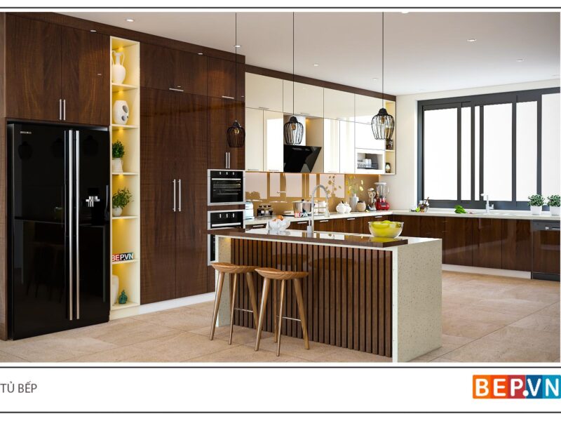 Tủ bếp Acrylic có bàn đảo gia đình anh Huynh