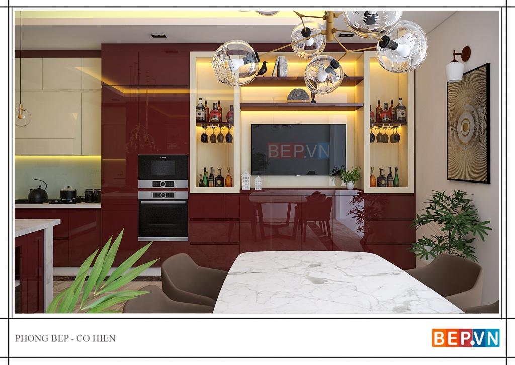thiết kế kệ tivi lớn trong phòng bếp