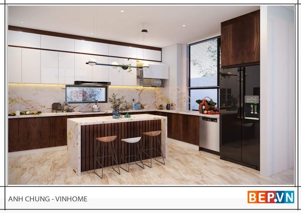 Mẫu tủ bếp đẹp cho nhà biệt thự Vinhomes sang trọng của gia đình anh Chung.