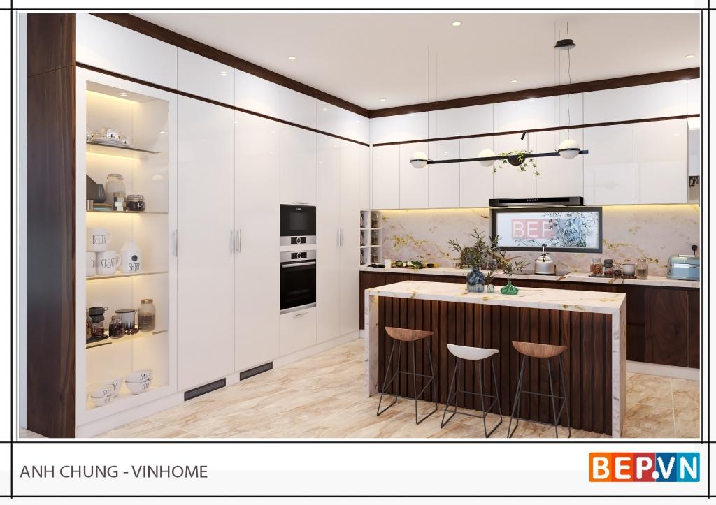 Thiết kế tủ bếp biệt thự với hệ tủ bếp kế hợp tủ kho lớn, bàn đảo