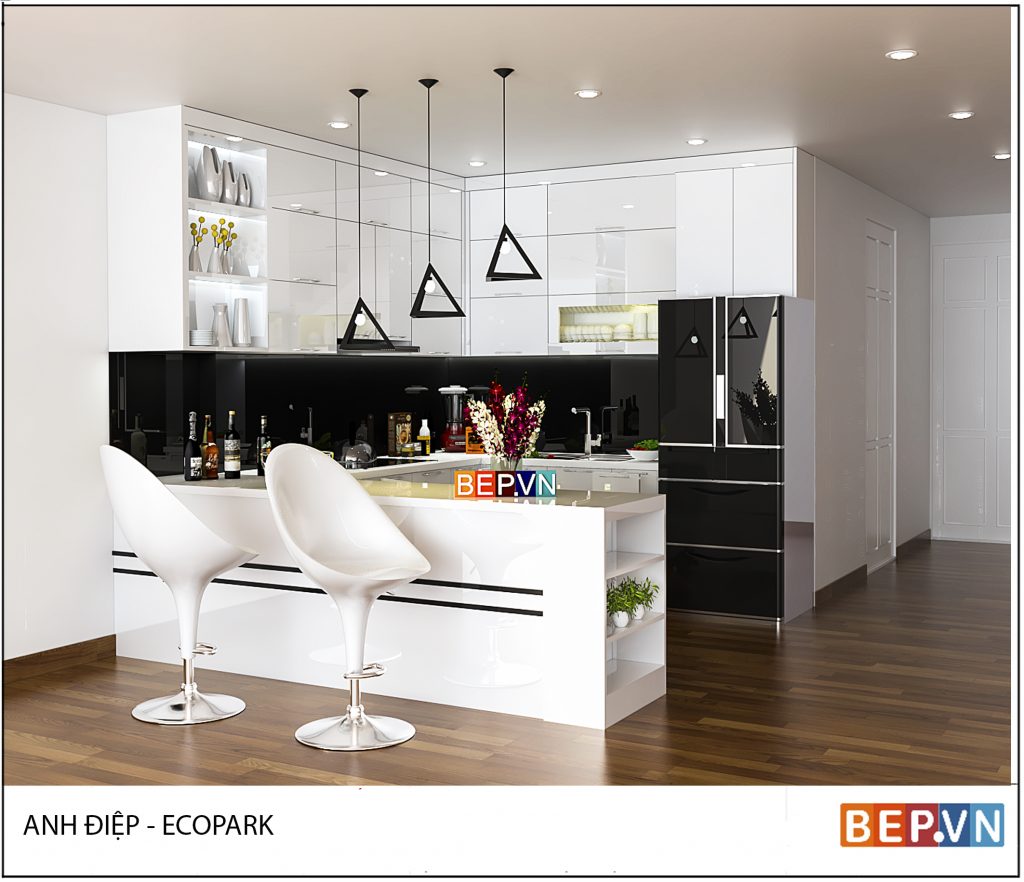 Tủ bếp gỗ công nghiệp màu trắng đen Mẫu tủ bếp gỗ công nghiệp phối màu trắng đen