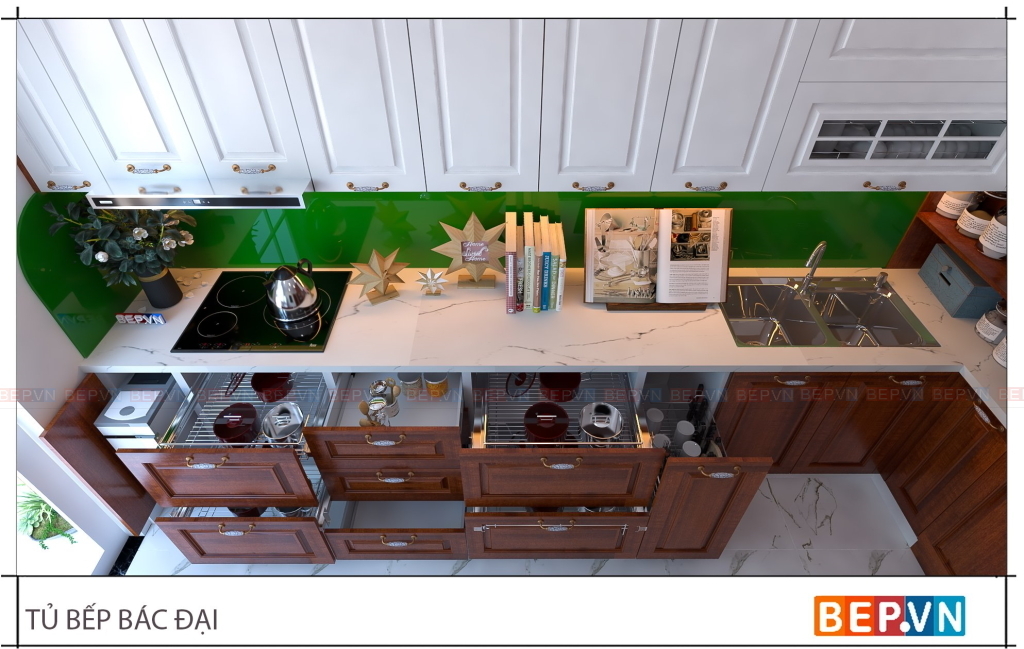 Các khoang chứa với phụ kiện lưu trữ hiện đại , gọn gàng, sạch sẽ - Tủ bếp bác Đại - Hưng Yên