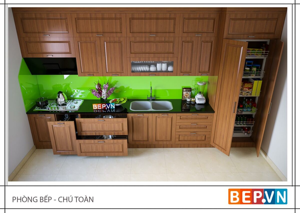 Tủ bếp gỗ Xoan đào chữ I gia đình chú Toản