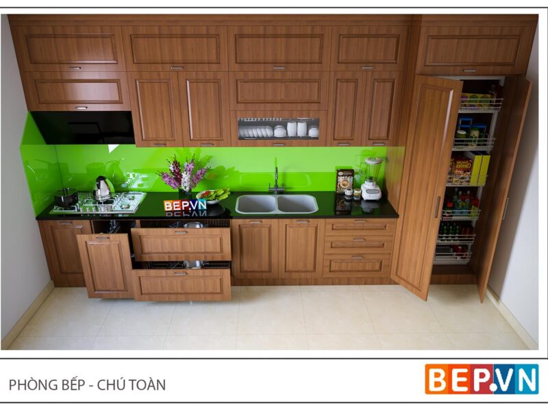 Tủ bếp gỗ Xoan đào chữ I gia đình chú Toản