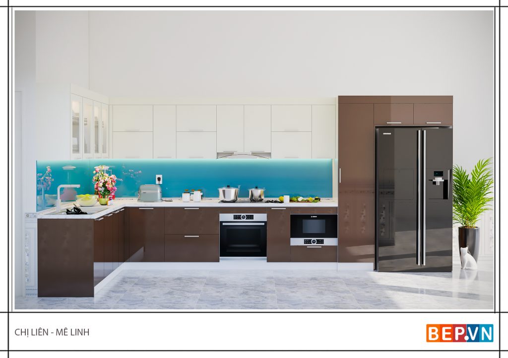 Lựa chọn một gam màu xanh da trời cho tủ bếp nhà chị Liên