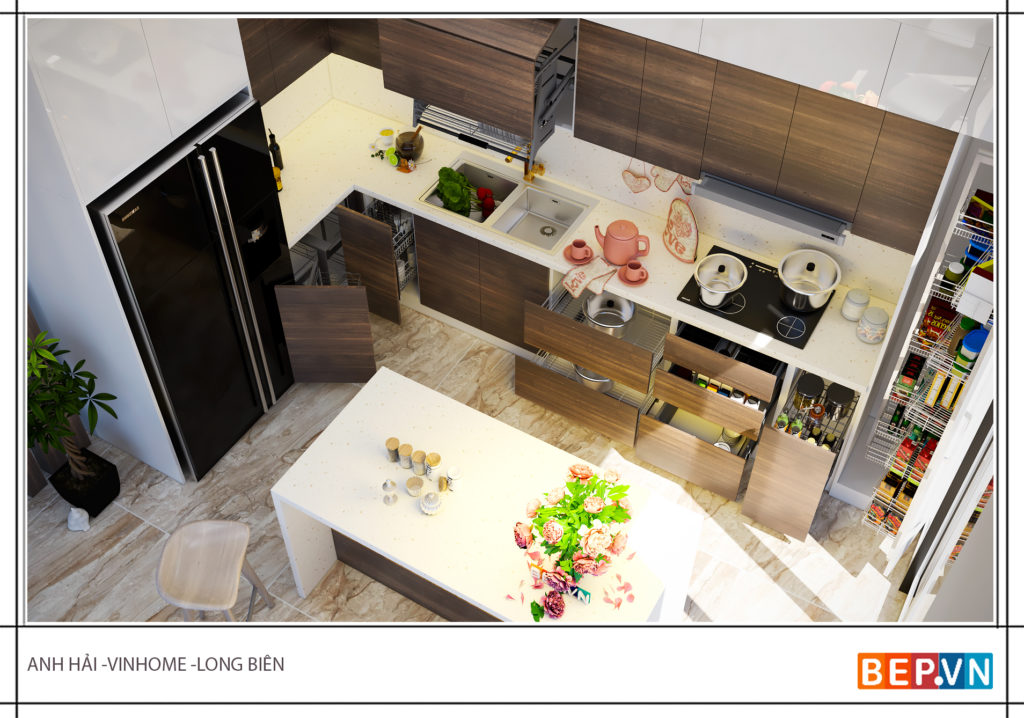Tủ bếp chữ L gia đình anh Hỉa nhìn đơn giản nhưng vô cùng hiện đại và tiện nghi