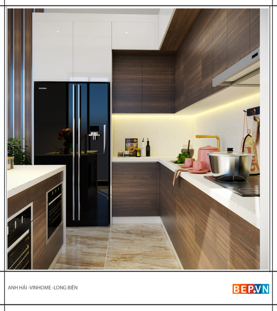 Chất liệu Laminate giả vân gỗ ấm cúng kết hợp với chất liệu Acrylic bóng gương