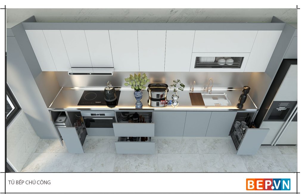 tủ bếp inox cánh acrylic hiện đại, sang trọng
