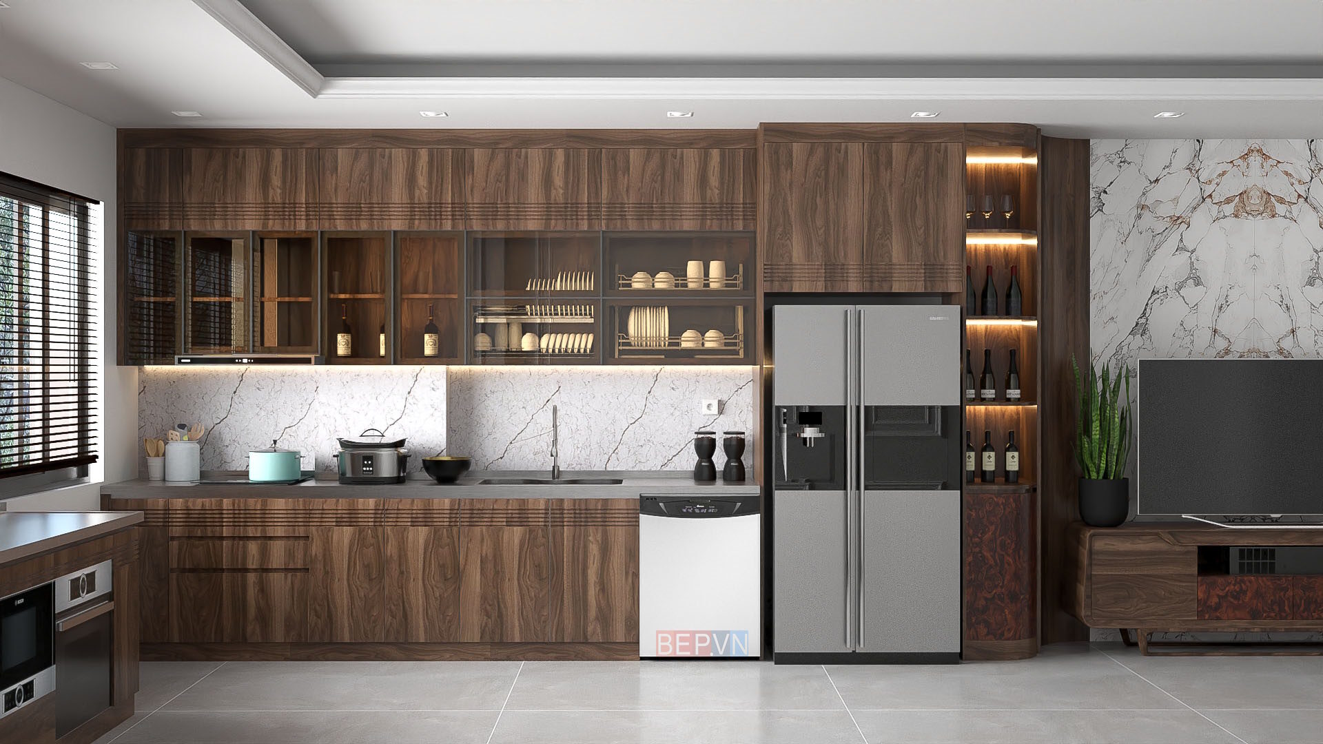 Tủ bếp inox Bep.vn với thùng inox kết hợp cánh gỗ tự nhiên (Sồi Mỹ/Óc Chó), mặt bàn inox liền chậu nhập khẩu cao cấp, công trình nhà anh Thịnh chị Ngân.