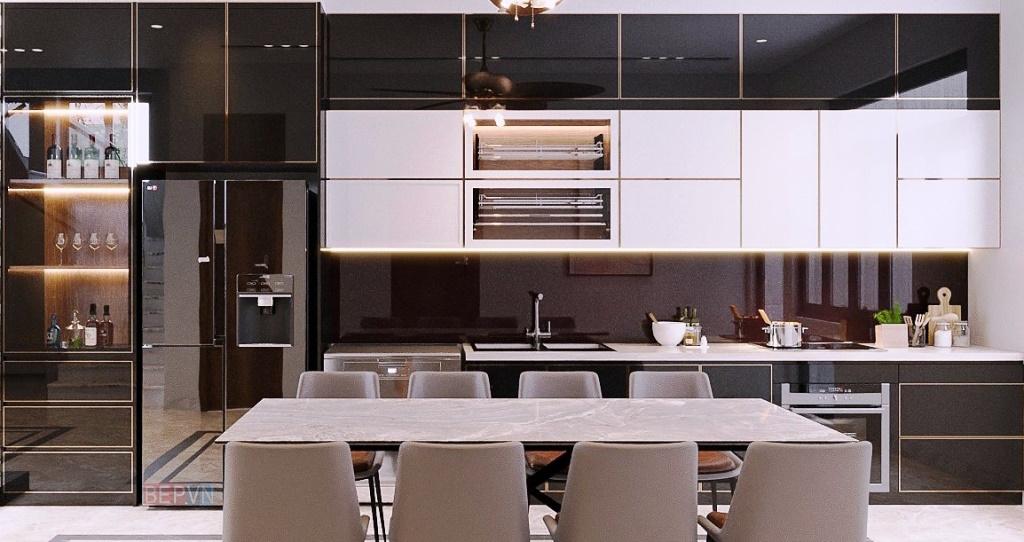 tủ bếp inox cánh kính chữ i