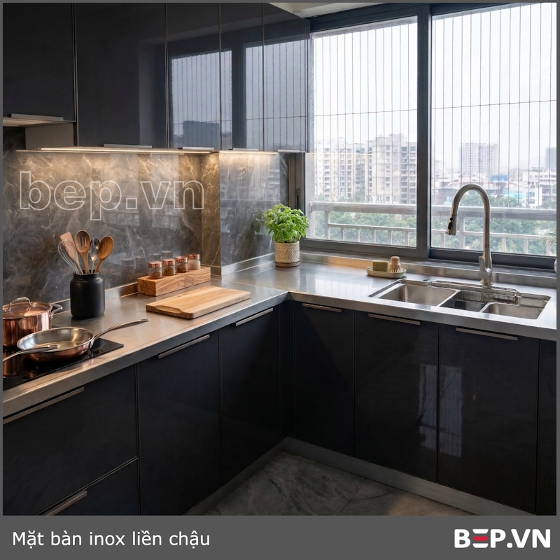 Mặt bàn bếp inox liền chậu hiện đại 