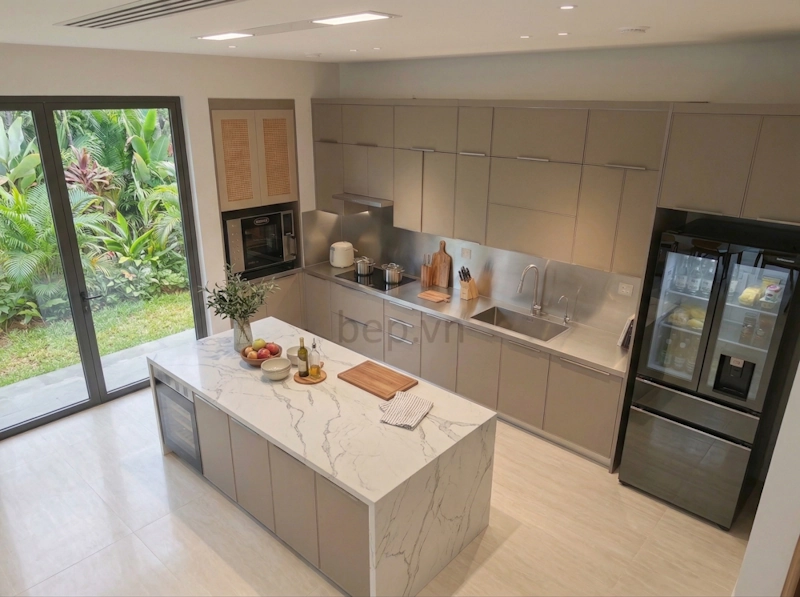 Tủ bếp inox cánh kính nhám kiểu chữ I kèm bàn đảo nhà chú Hoàng Anh