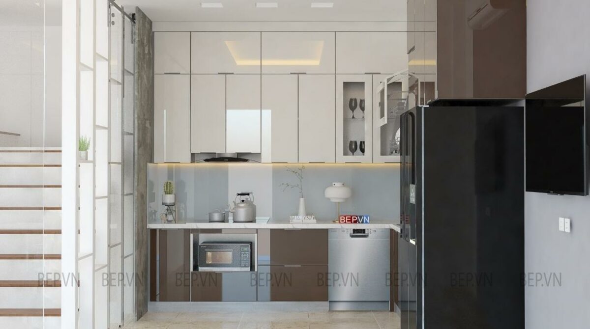 Tủ bếp inox cánh kính cường lực hiện đại (Anh Công - Yên Xá)