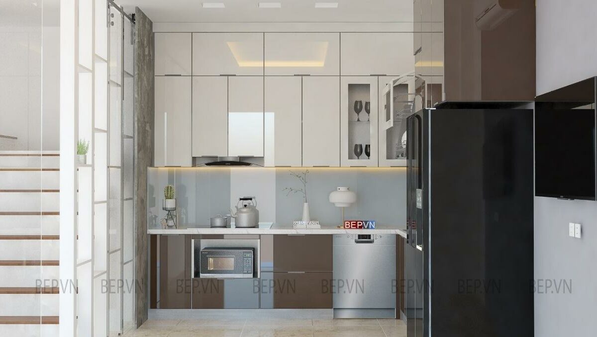Tủ bếp inox cánh kính cường lực hiện đại (Anh Công - Yên Xá)