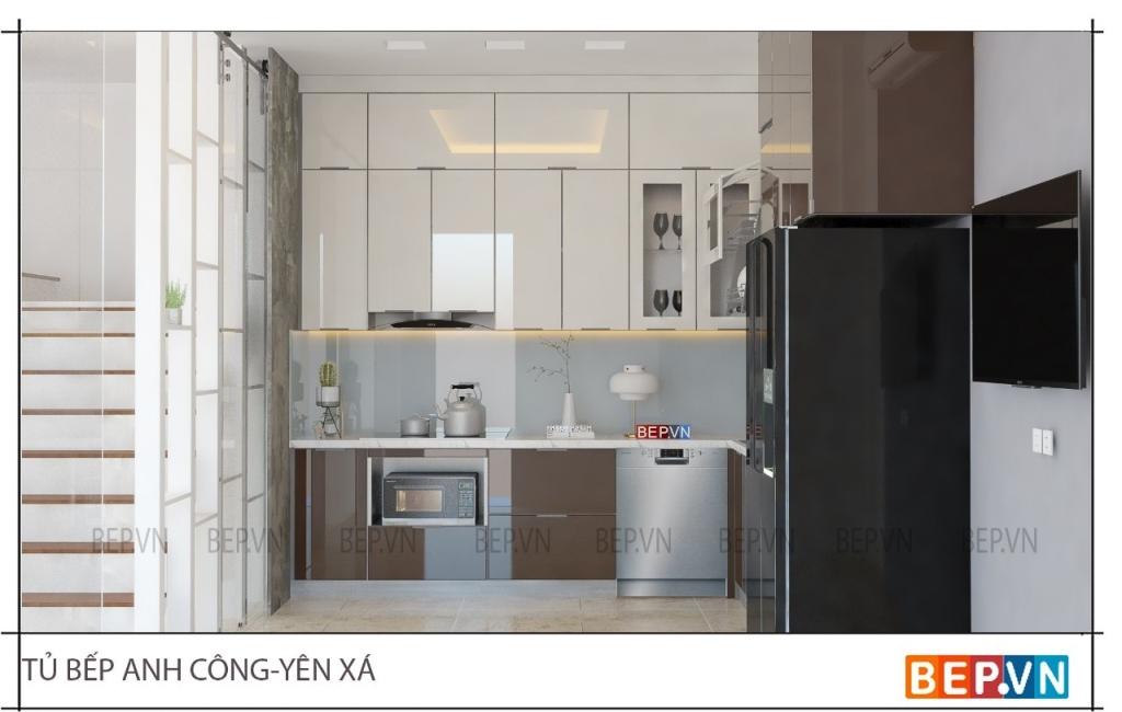 Tủ bếp inox cánh kính cường lực hiện đại