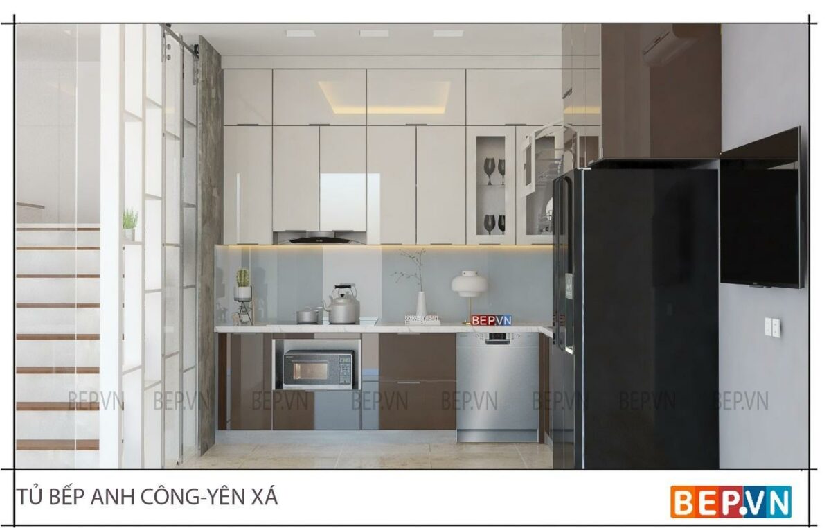 Tủ bếp inox cánh kính cường lực hiện đại (Anh Công - Yên Xá) - Hình ảnh 3
