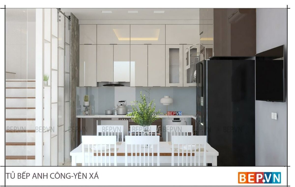 Tủ bếp inox cánh kính cường lực hiện đại (Anh Công - Yên Xá) - Hình ảnh 2