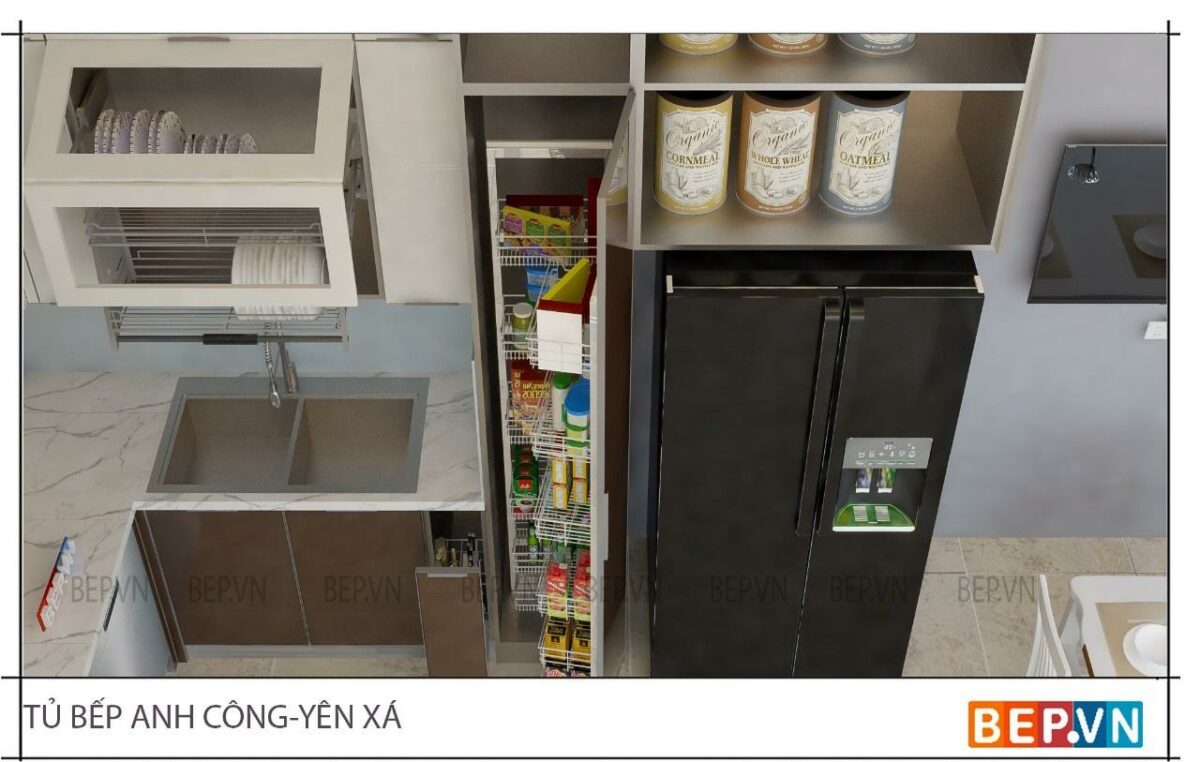 Tủ bếp inox cánh kính cường lực hiện đại (Anh Công - Yên Xá) - Hình ảnh 4