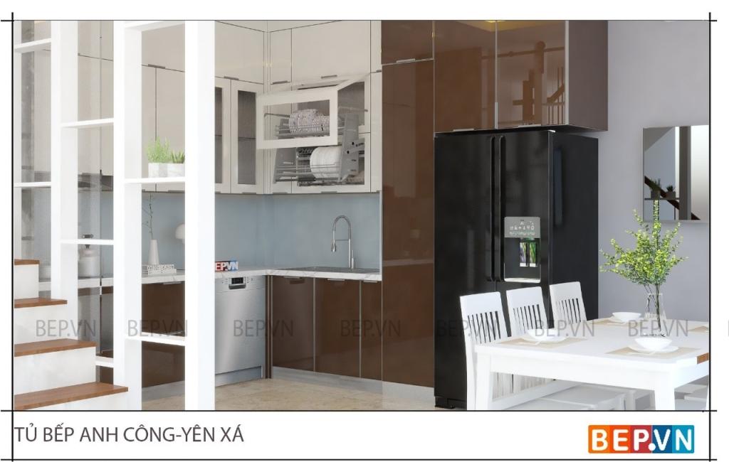 thiết kế tủ bếp inox cánh kính hiện đại