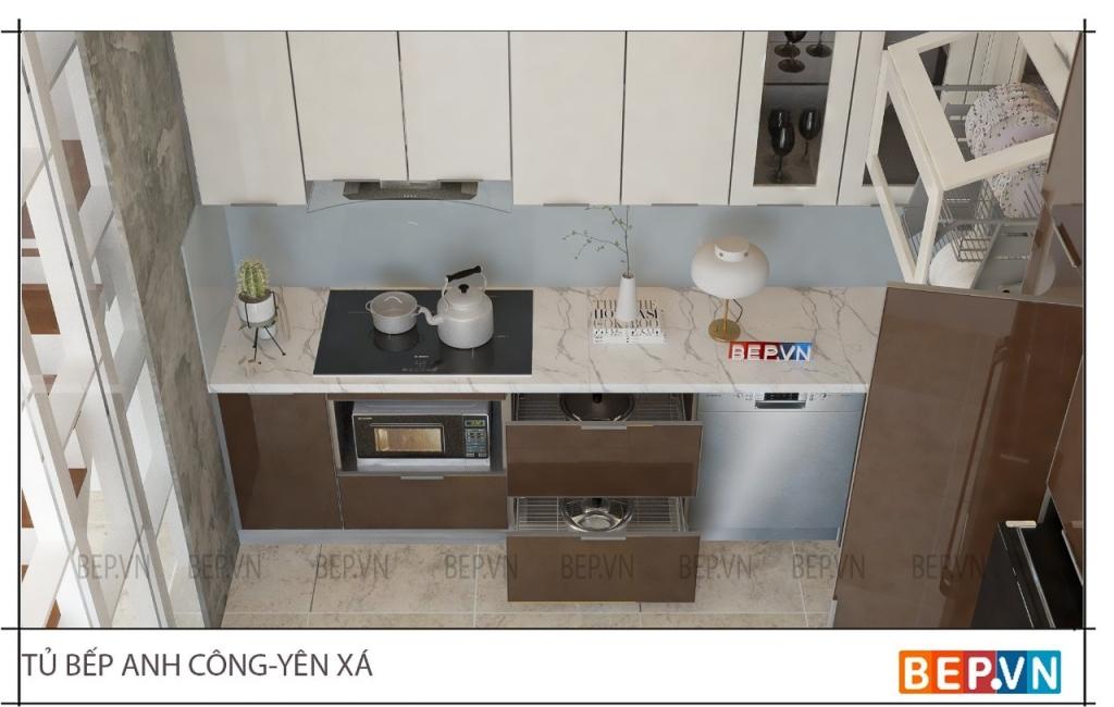 tủ bếp inox cánh kính cường lực hiện đại