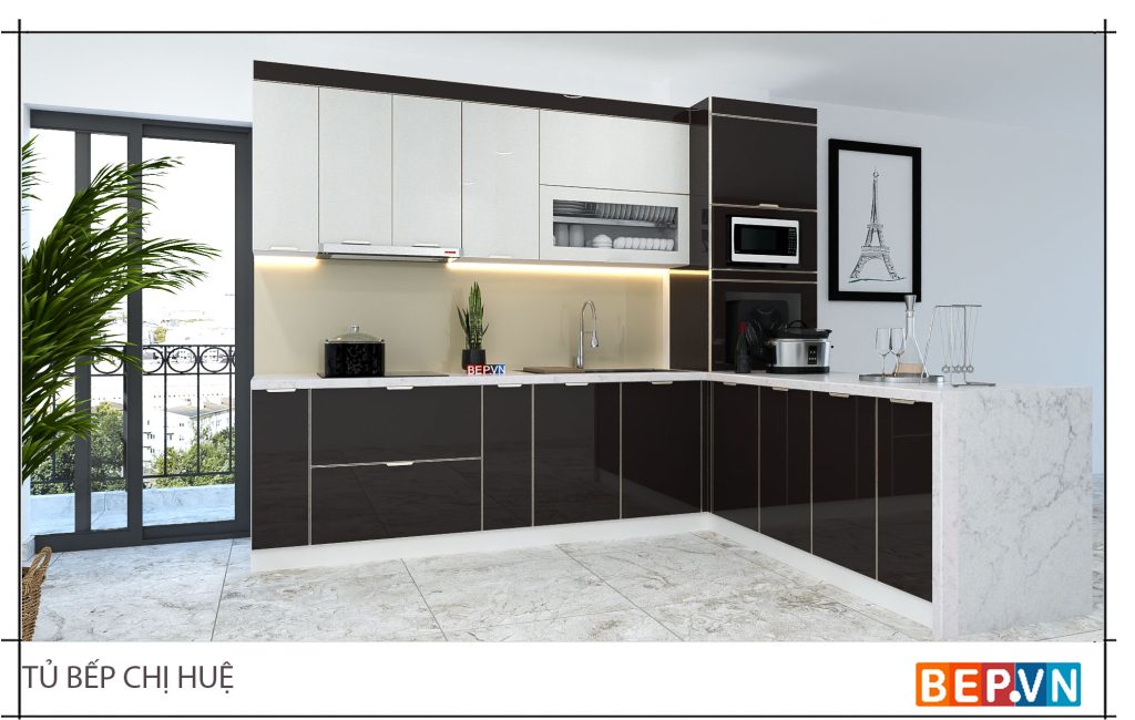 tủ bếp inox cánh kính kiểu dáng chữ L 