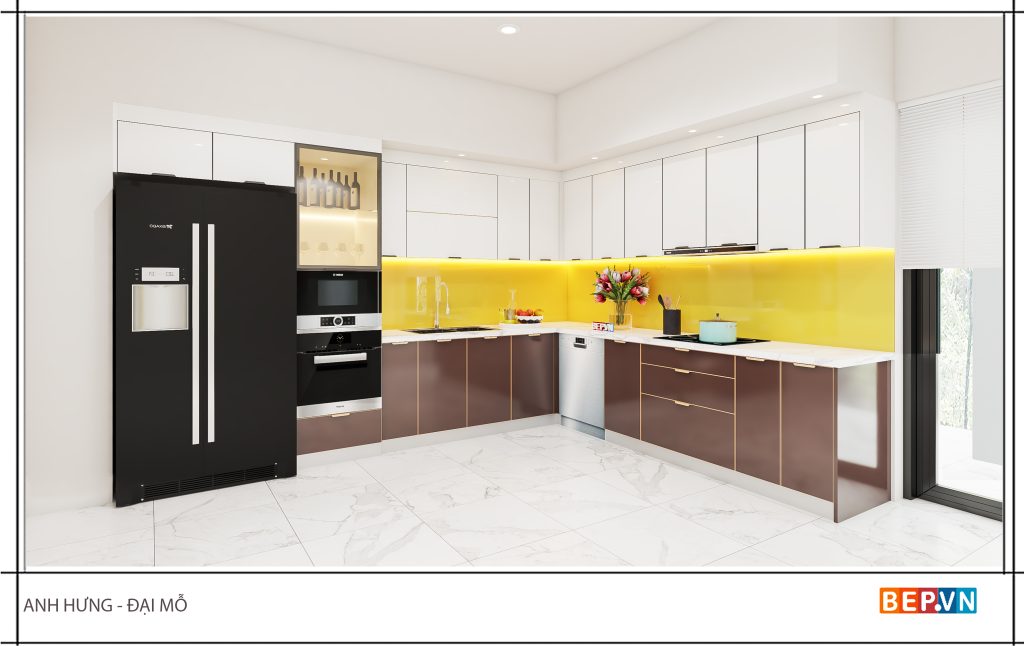 tủ bếp inox cánh kính cường lực tràn viền khuôn bao nhôm