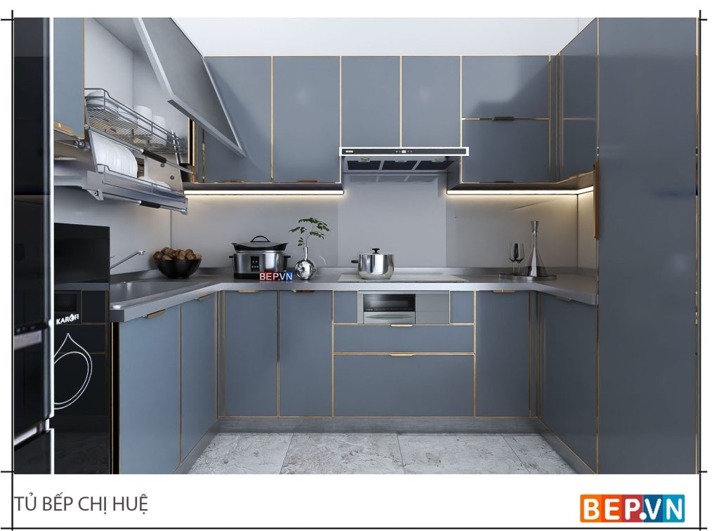 tủ bếp inox cánh kính cường lực cao cấp, sang trọng 