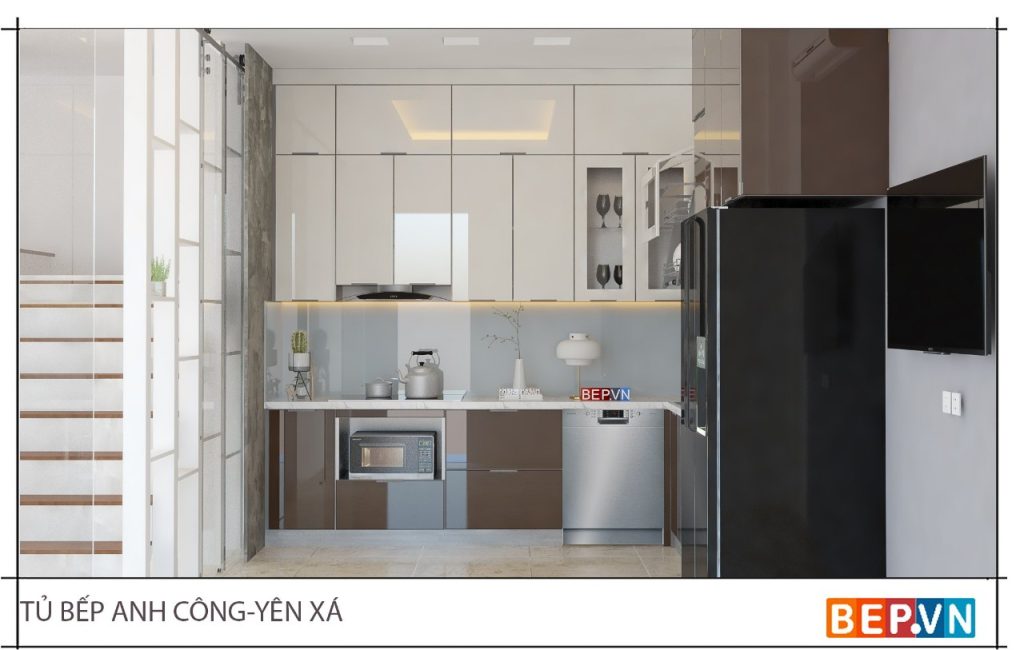 phong cách hiện đại của tủ bếp inox cánh kính cường lực