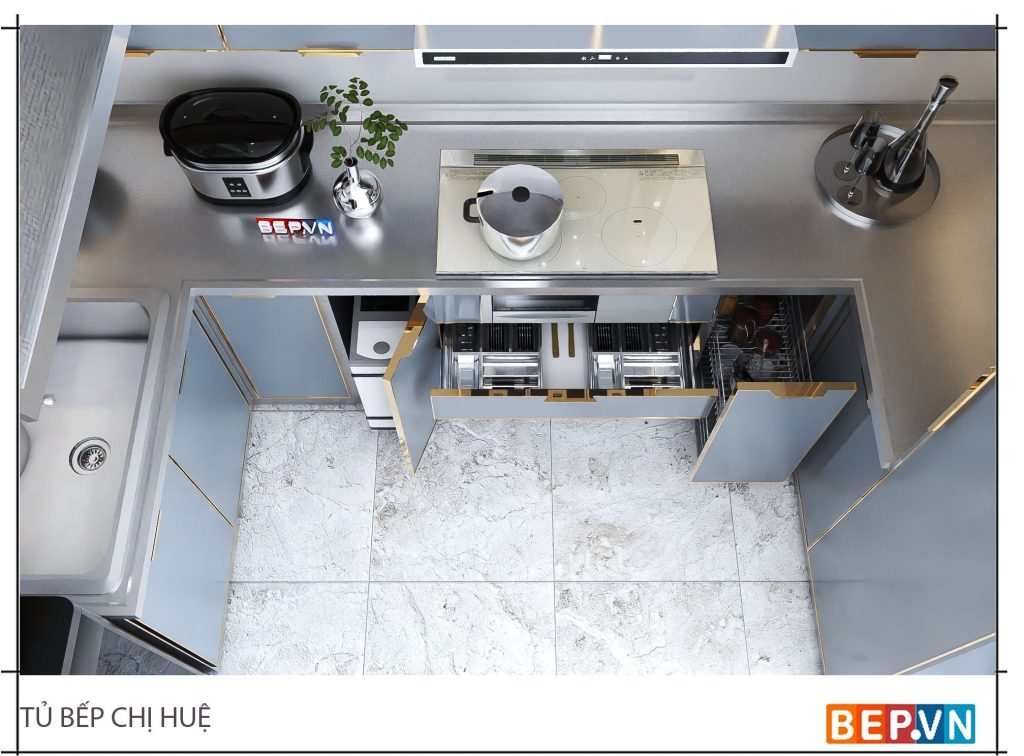 thiết kế tủ bếp inox cánh kính kết hợp mặt bàn inox liền chậu rửa độc đáo