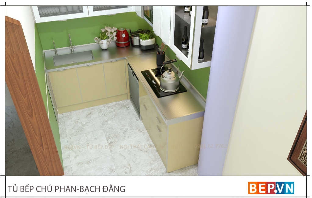 tủ bếp inox cánh kính cường lực, mặt bàn inox