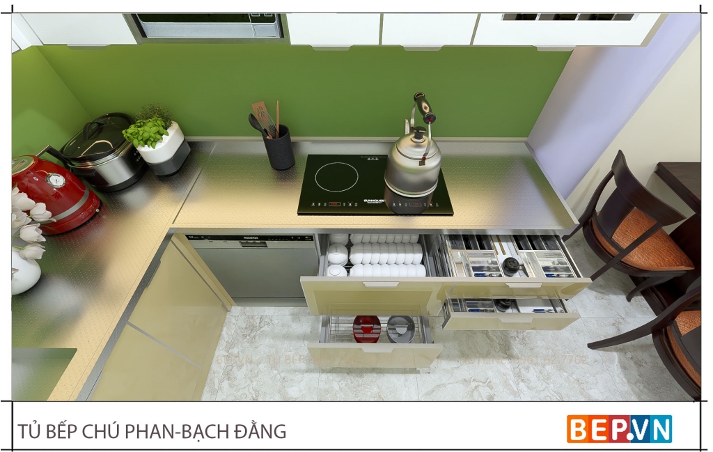 mặt bàn inox cao cấp cùng phụ kiện tủ bếp thông minh, hiện đại