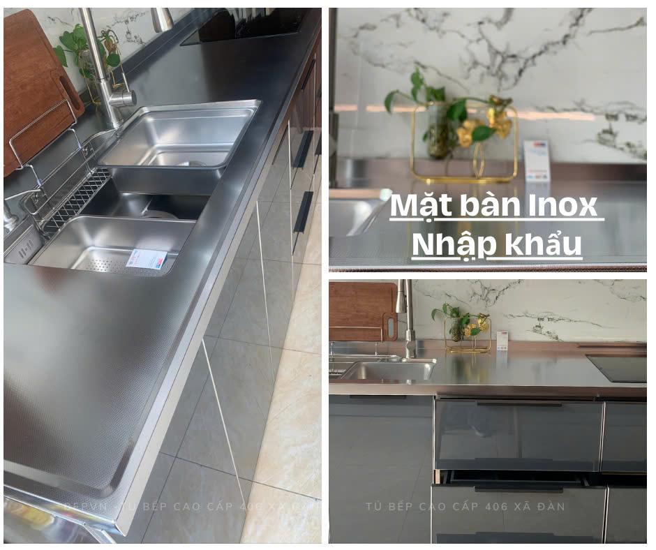 Mặt bàn bếp làm từ inox 304 cao cấp của Bep.vn, chống xước, được dập liền khối với chậu rửa, một sản phẩm độc quyền.