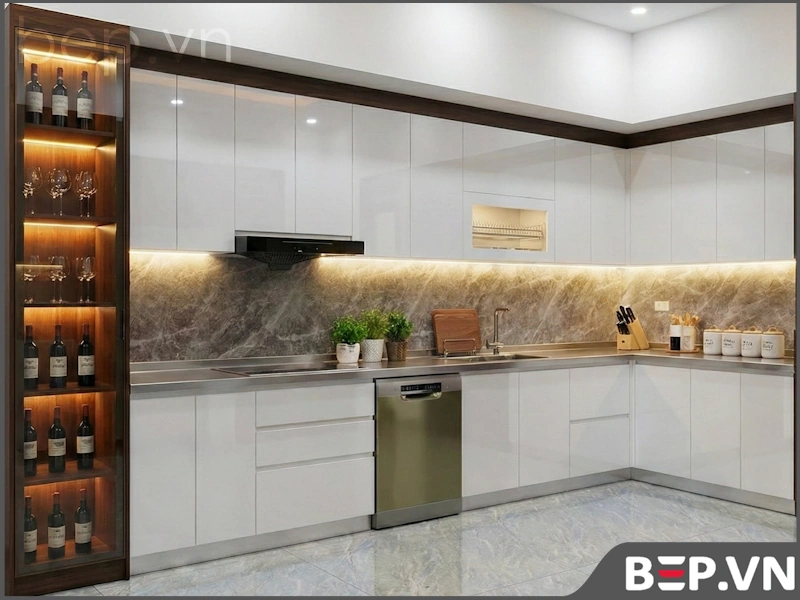 Tủ bếp inox mặt bàn liền chậu cánh Acrylic