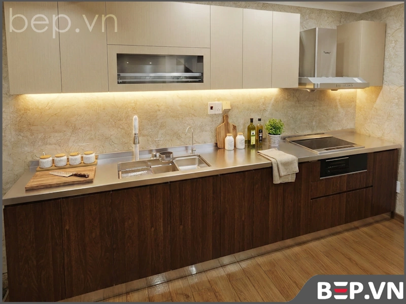 Mặt bàn bếp inox liền chậu cánh gỗ 3