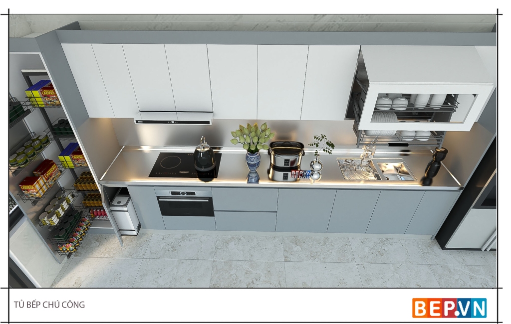tủ bếp inox cánh Acrylic kết hợp với mặt bàn inox liền chậu cao cấp