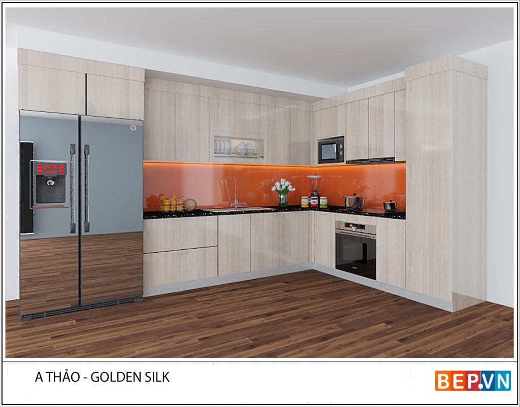 Thiết kế tủ bếp Laminate chữ L gia đình anh Thảo.