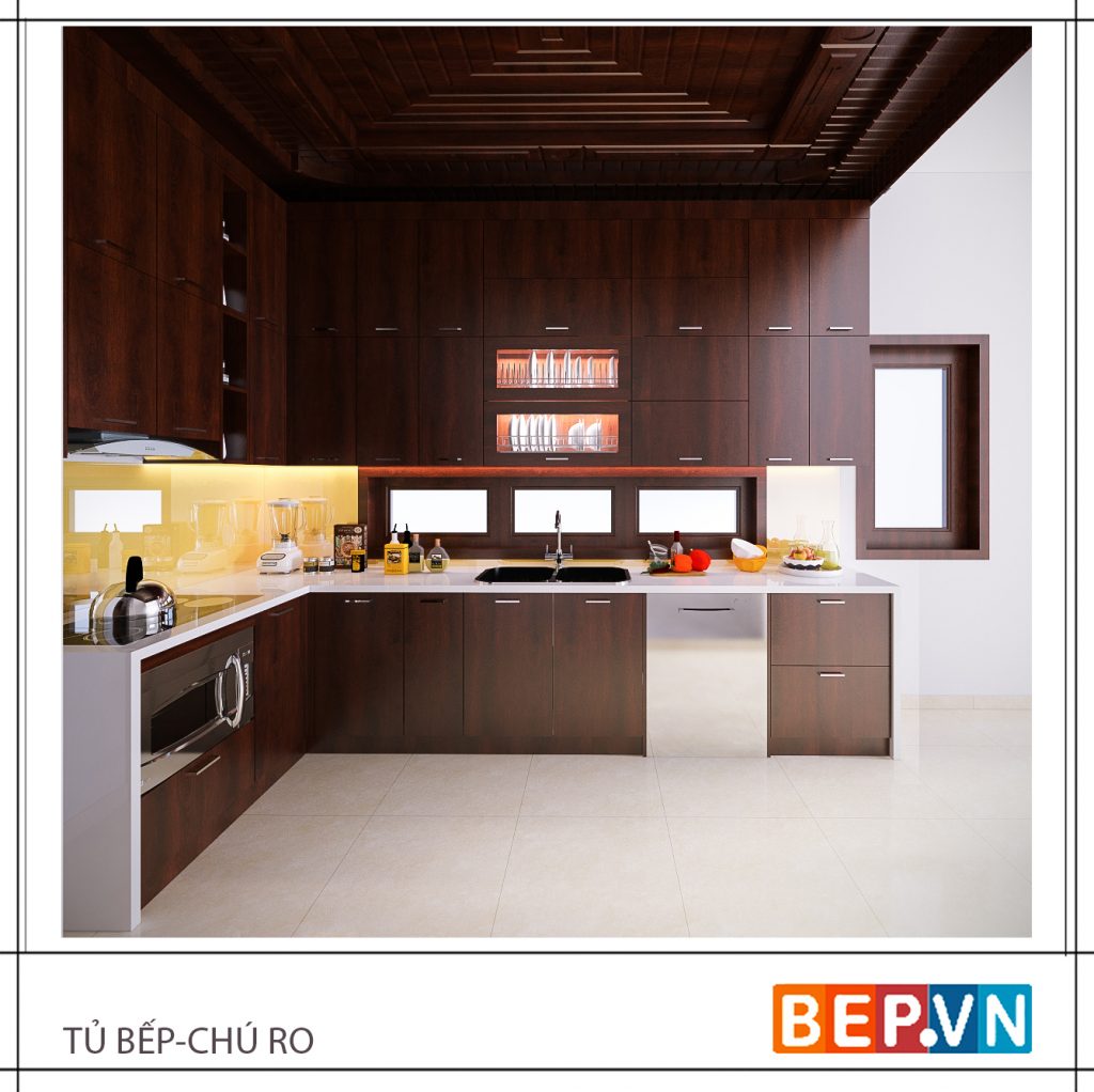 Tủ bếp Laminate chữ L được tích hợp các thiết bị hiện đại nhất.