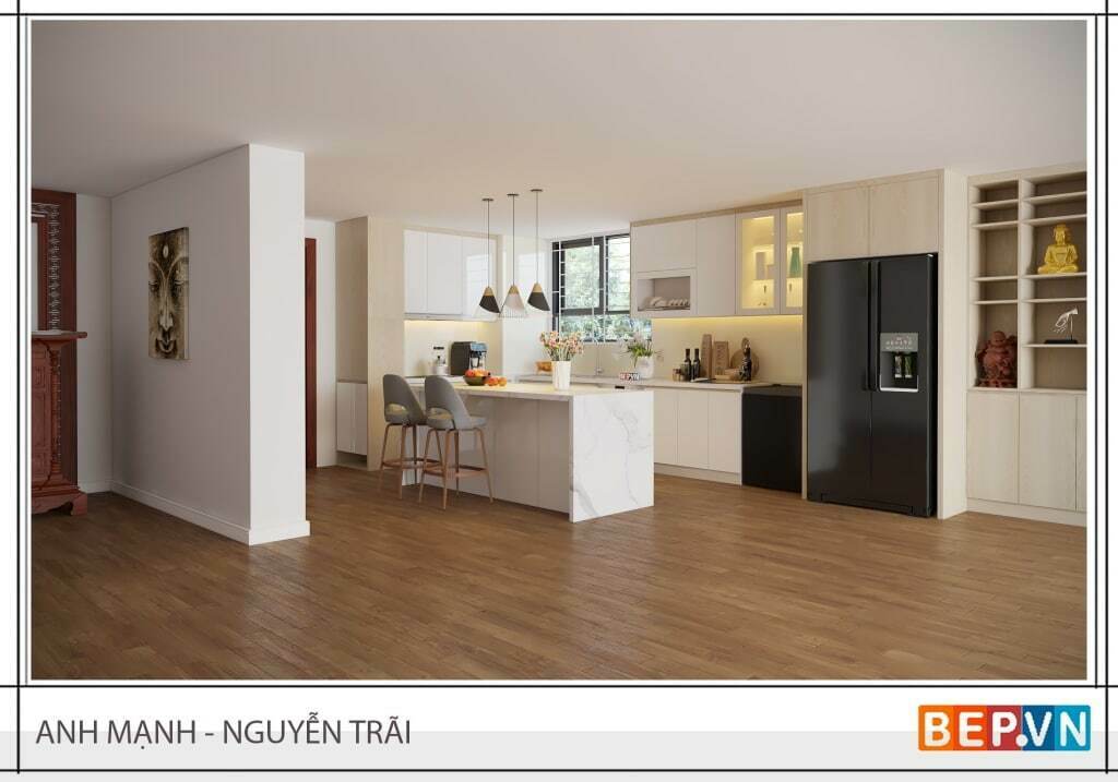 Thiết kế tủ bếp chữ L có bàn đảo gia đình anh Mạnh - chung cư Hoàng Huy