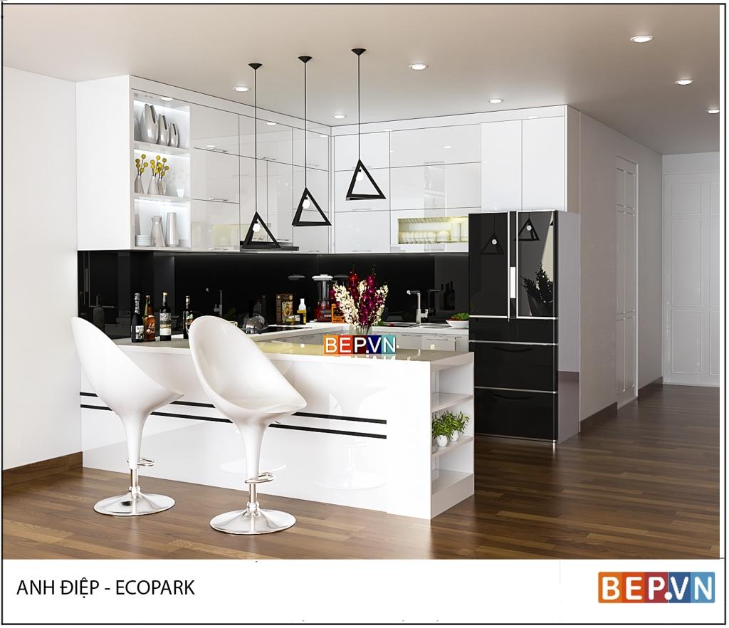 Thiết kế tủ bếp nhựa cao cấp với hai gam màu đen trắng làm chủ đạo của gia đình anh Điệp tủ bếp nhựa cao cấp chống nước