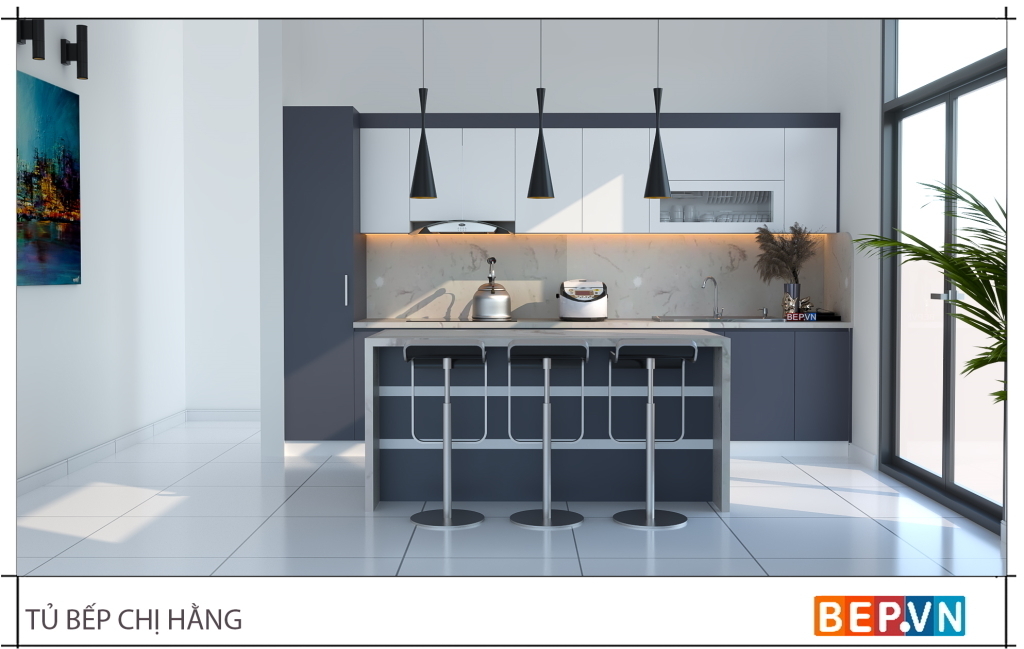 Thiết kế tủ bếp thẳng có bàn đảo gia đình chị Hằng - Phú Thọ